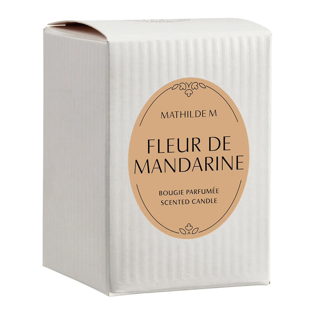 Packaging Bougie parfumée 145g Mathilde M – Fleur de Mandarine, dans un élégant contenant au design raffiné, idéale pour une ambiance parfumée et cosy
