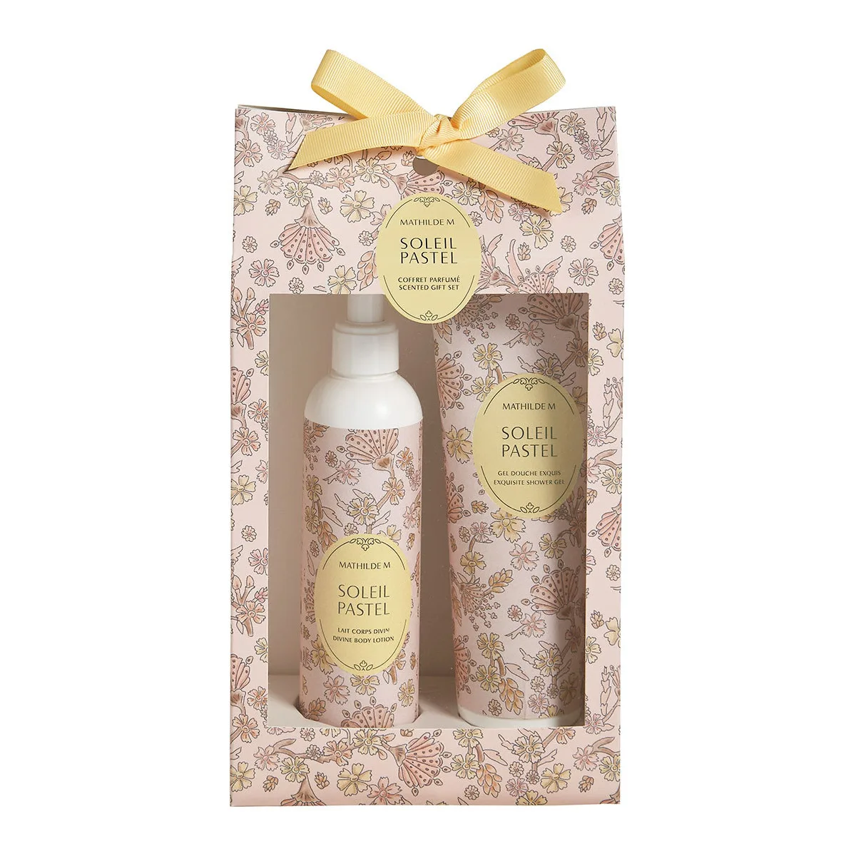 Coffret Mathilde M contenant un gel douche 250ml et un lait corps 250ml – senteur Soleil Pastel, élégamment présenté pour une routine soin ensoleillée
