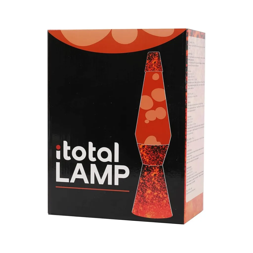 Lampe à lave Volcano avec motifs d'éruption sur la base, cire jaune et liquide orange