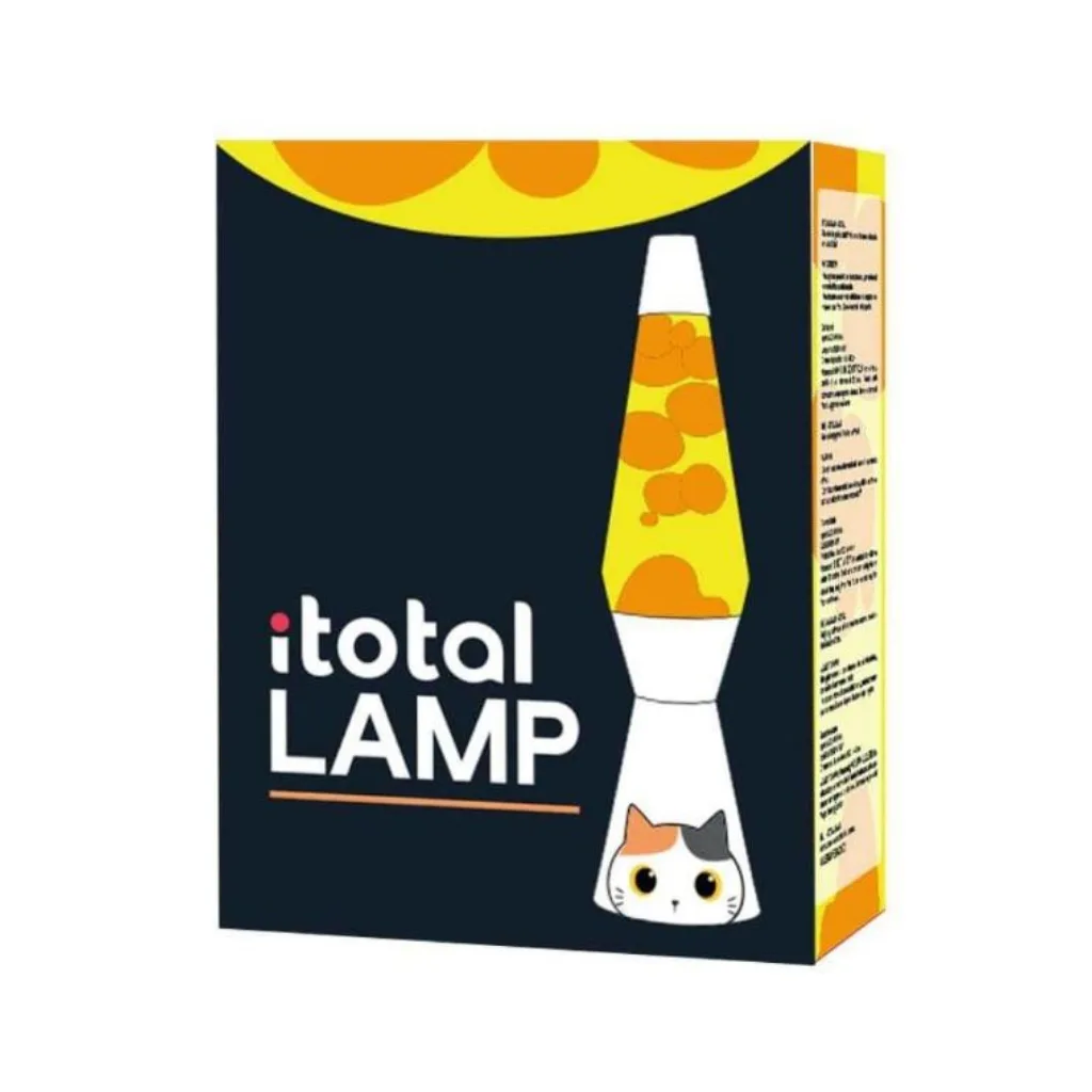 Base blanche avec un motif de chat, éclairage orange diffus de la lampe à lave
