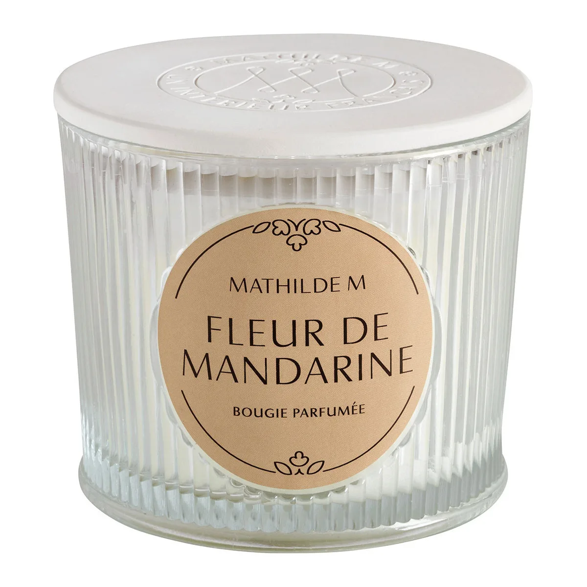 Bougie parfumée 400g Mathilde M – Fleur de Mandarine, avec couvercle en plâtre décoratif, dans un contenant raffiné au design élégant