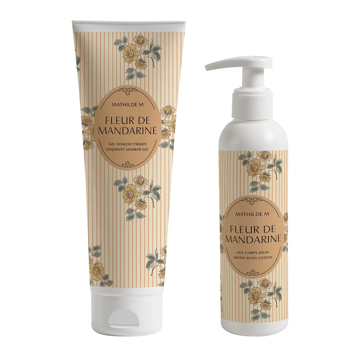 Duo de soins Mathilde M – lait corps 250ml et gel douche 250ml parfumés Fleur de Mandarine, dans un élégant coffret