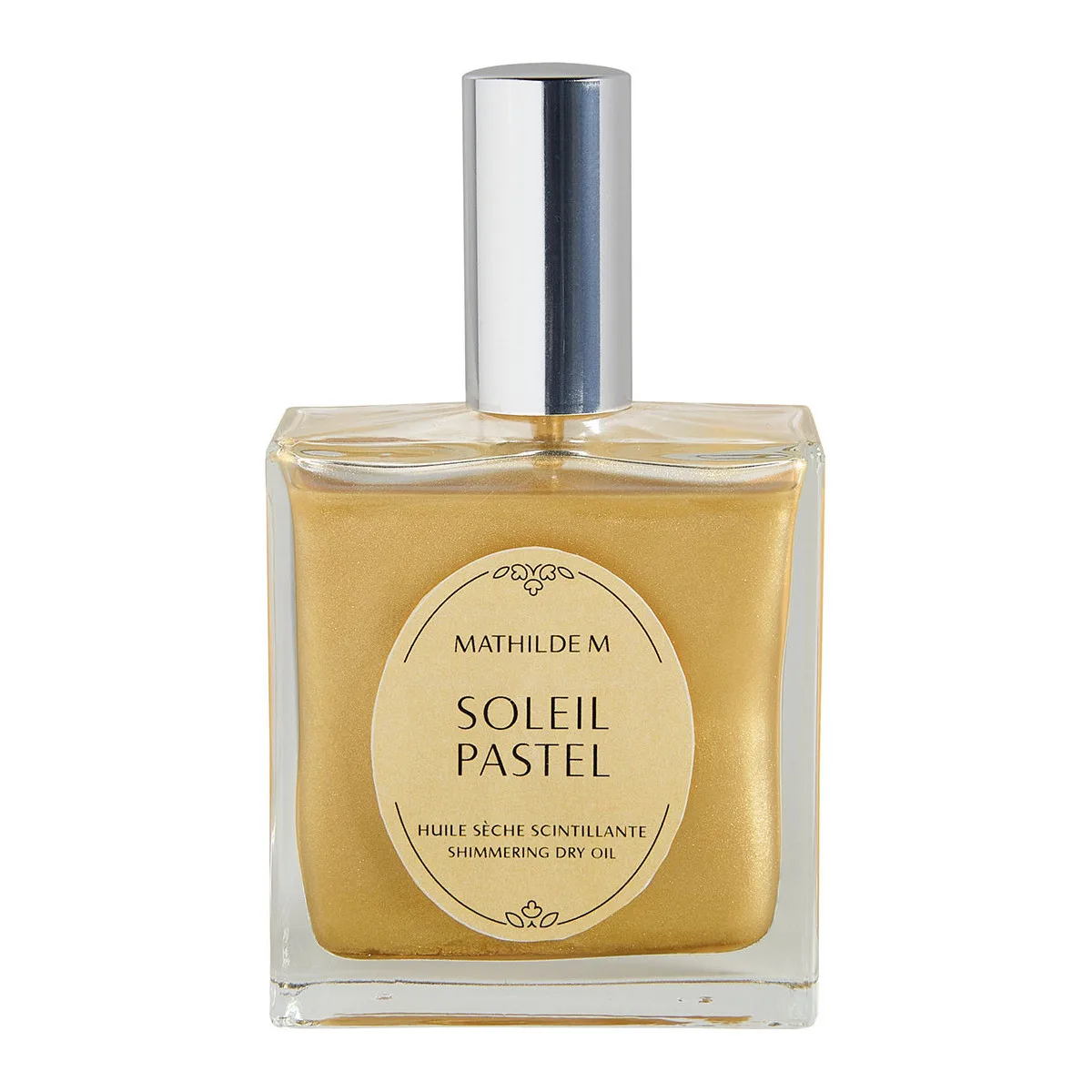 Flacon d'huile sèche scintillante Mathilde M. 100ml, parfum Soleil Pastel, éclat doux et lumineux