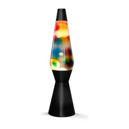 Lampe à lave base noire, cire blanche et motifs multicolores sur le verre