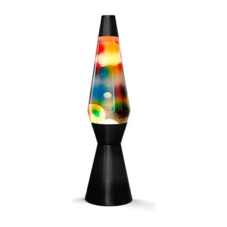 Lampe à lave base noire, cire blanche et motifs multicolores sur le verre