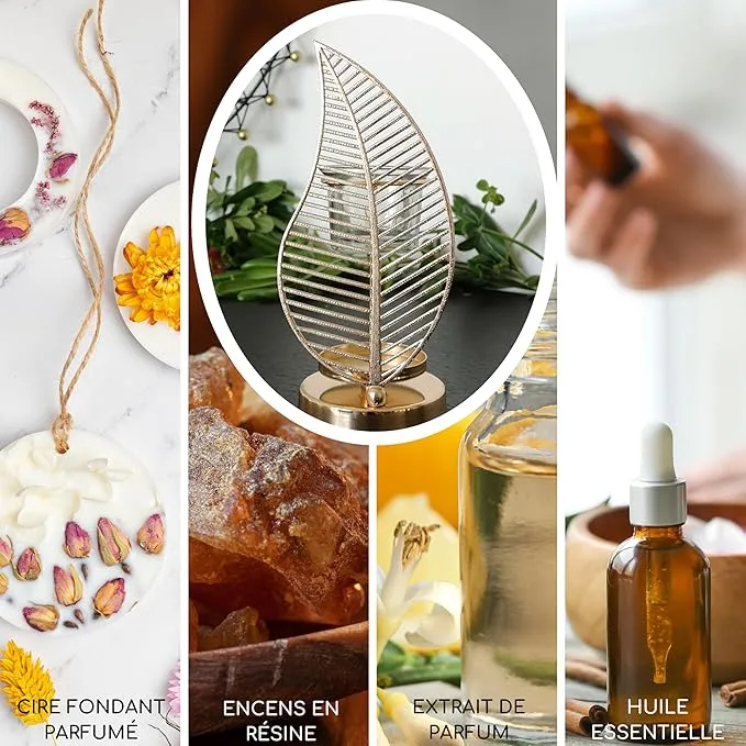 Brûle-parfum Palme en céramique blanche en cours d'utilisation avec fondant parfumé et bougie chauffe-plat, sur une table décorée