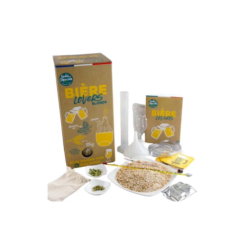 Kit complet de brassage de bière blonde 4L avec accessoires, bouteille et houblon Radis et Capucine