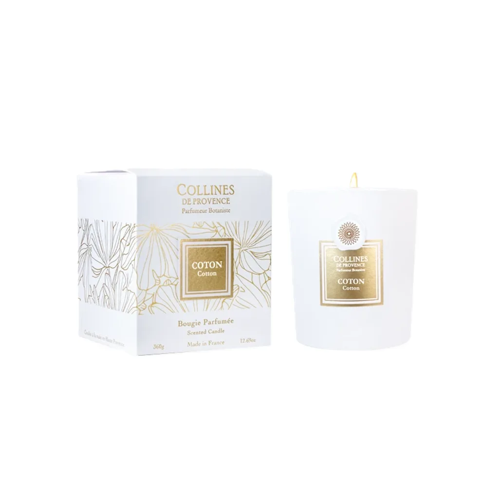 Bougie parfumée 360g senteur coton – verre élégant, ambiance cocooning – Collection Fleur de Colline de Provence