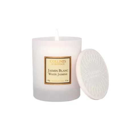 Bougie parfumée Jasmin Blanc 180g – Colline de Provence, cire végétale, parfum floral délicat pour une ambiance chaleureuse et raffinée.