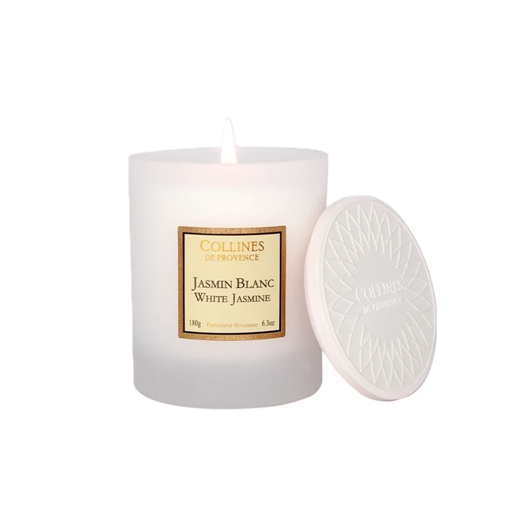 Bougie parfumée Jasmin Blanc 180g – Colline de Provence, cire végétale, parfum floral délicat pour une ambiance chaleureuse et raffinée.