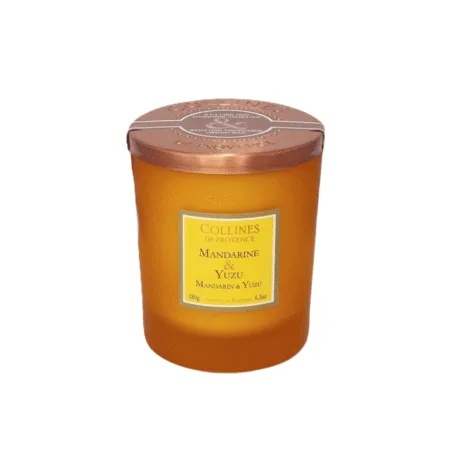 Bougie parfumée Mandarine et Yuzu 180g – Colline de Provence, parfum d'agrumes frais et vivifiant pour une ambiance pétillante et dynamique chez vous.