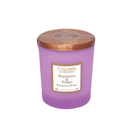 Bougie parfumée 180g Patchouli et Tonka – Colline de Provence, cire végétale, senteur boisée et ambrée pour une ambiance chic, cosy et envoûtante
