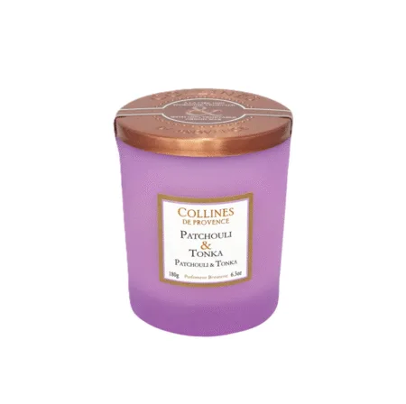 Bougie parfumée 180g Patchouli et Tonka – Colline de Provence, cire végétale, senteur boisée et ambrée pour une ambiance chic, cosy et envoûtante