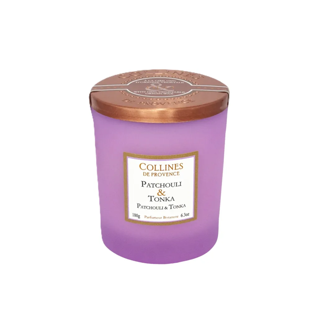 Bougie parfumée 180g Patchouli et Tonka – Colline de Provence, cire végétale, senteur boisée et ambrée pour une ambiance chic, cosy et envoûtante