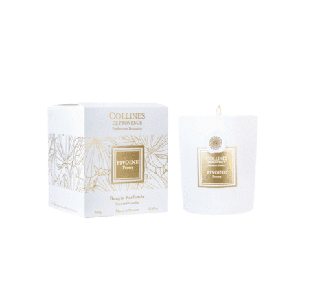 Bougie parfumée Pivoine 360g – Colline de Provence, cire végétale, senteur florale intense et raffinée pour une atmosphère romantique et lumineuse.