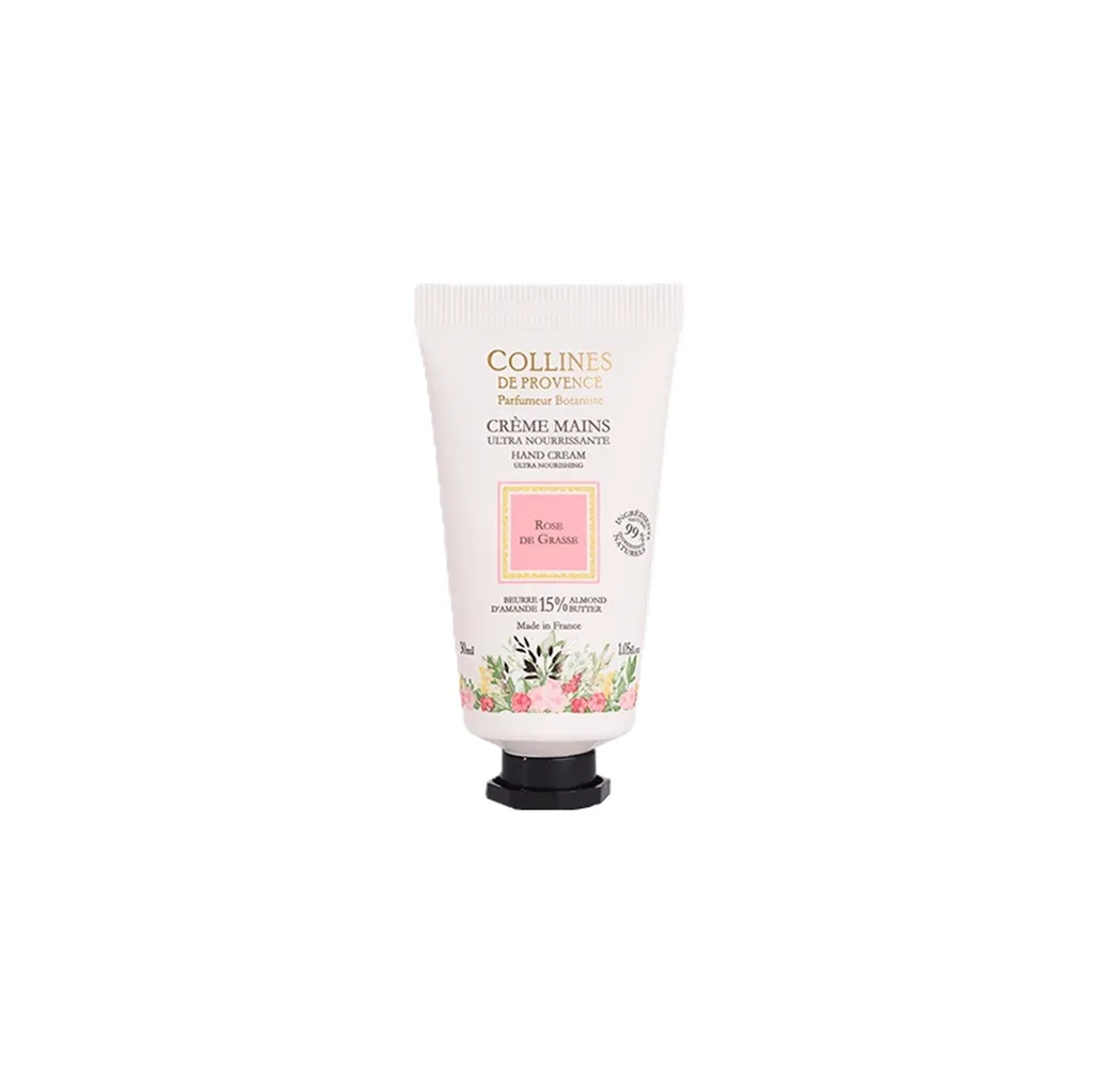 Crème mains Rose de Grasse 30ml – Colline de Provence, soin nourrissant et parfumé à la rose pour des mains douces, hydratées et délicatement fleuries.