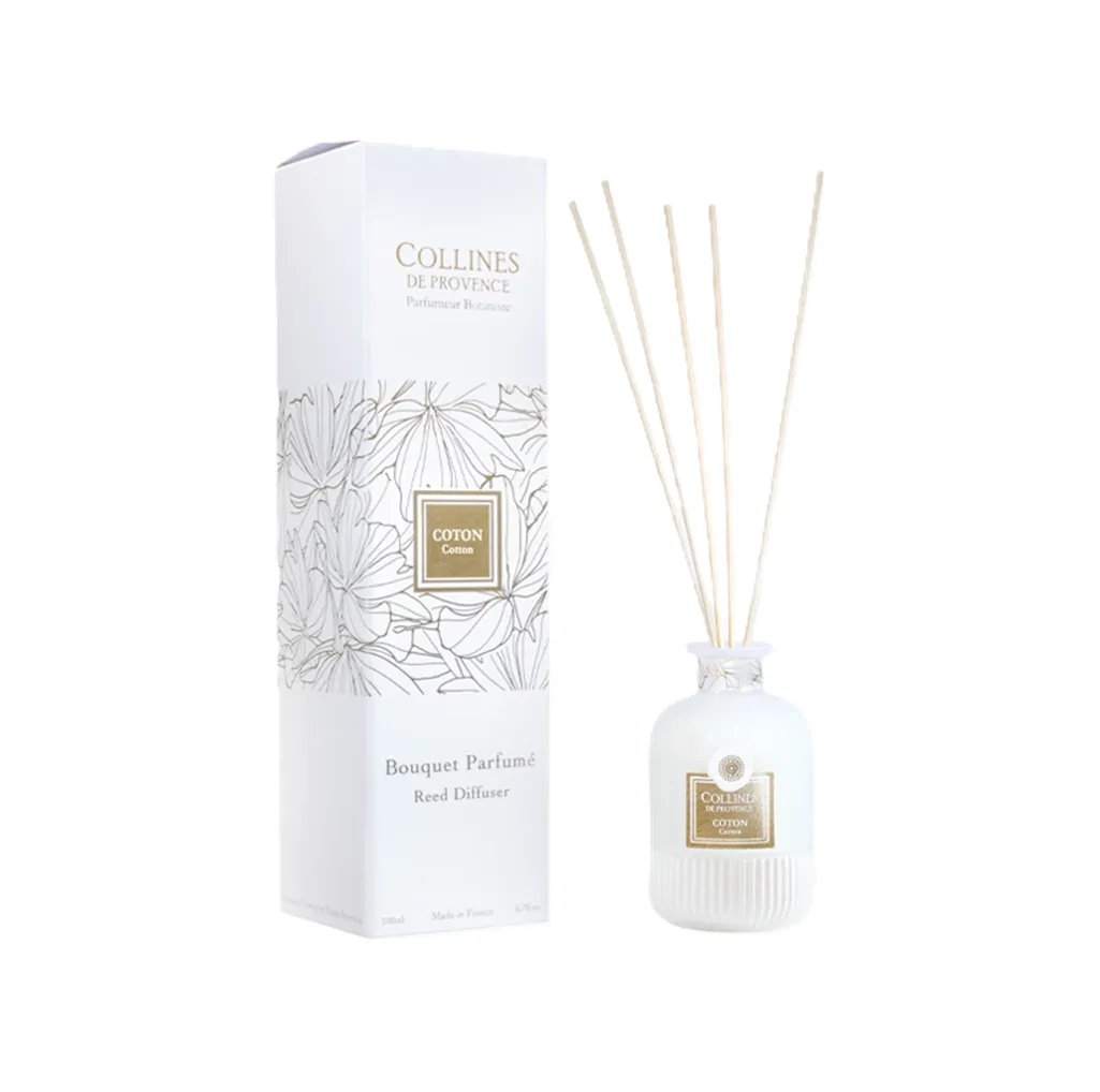 Diffuseur d’ambiance au doux parfum de coton dans un flacon élégant de 200ml – Collection Fleur par Colline de Provence