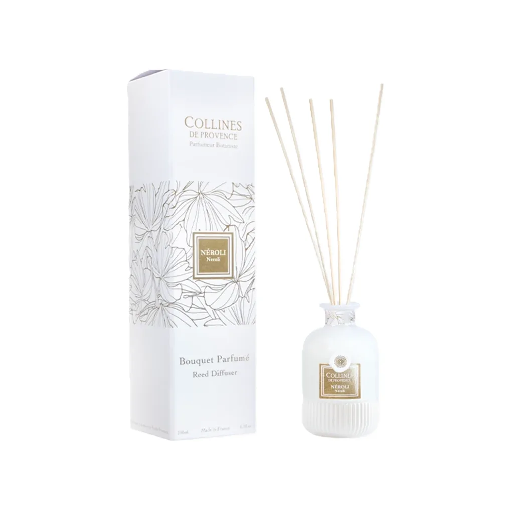 Diffuseur de parfum d’ambiance 200ml Néroli – Colline de Provence, flacon élégant au parfum solaire de fleur d’oranger, pour une atmosphère douce et raffinée.