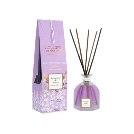 Diffuseur de parfum d’ambiance Patchouli & Tonka 100ml – Colline de Provence, parfum chaud et boisé, idéal pour créer une atmosphère raffinée et cosy.