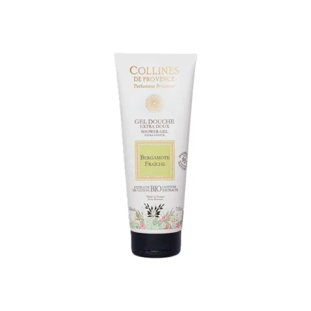 Flacon de gel douche Colline de Provence 200ml senteur Bergamote Fraîche, posé dans une salle de bain lumineuse aux accents naturels.