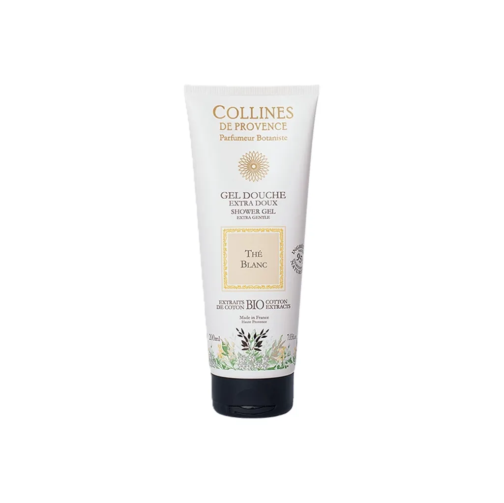 Gel douche Thé Blanc 200ml de Colline de Provence – flacon élégant aux notes fraîches et apaisantes, pour un moment de douceur sous la douche.