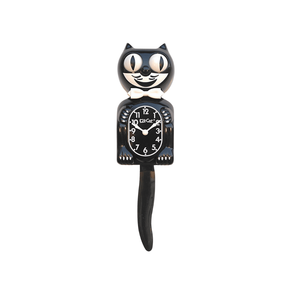 Horloge murale Kit-Cat Klock noire avec nœud papillon et mouvement yeux et queue