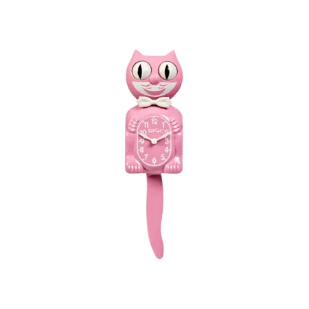 Horloge Kit-Cat Klock grand modèle couleur rose avec nœud papillon, design vintage et yeux animés