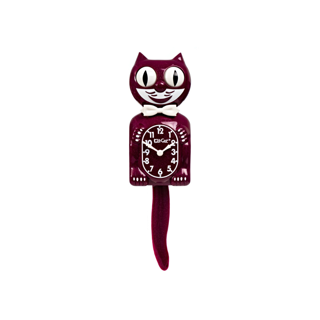 Horloge Kit-Cat Klock grand modèle couleur rubis brillant avec nœud papillon, design vintage et yeux animés