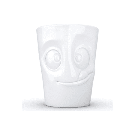 Mug en céramique avec anse affichant une expression gourmande et joyeuse.
