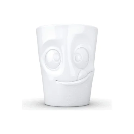 Mug en céramique avec anse affichant une expression gourmande et joyeuse.