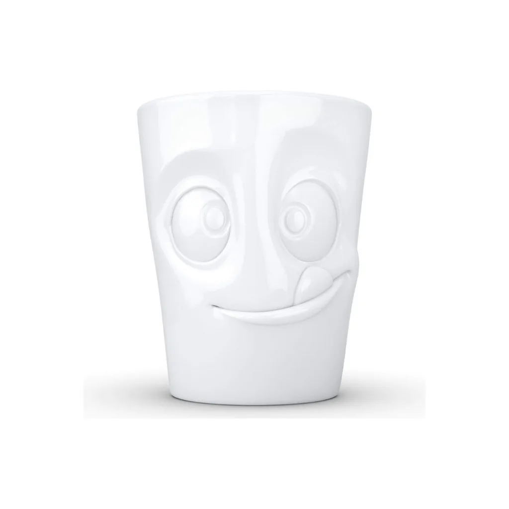 Mug en céramique avec anse affichant une expression gourmande et joyeuse.