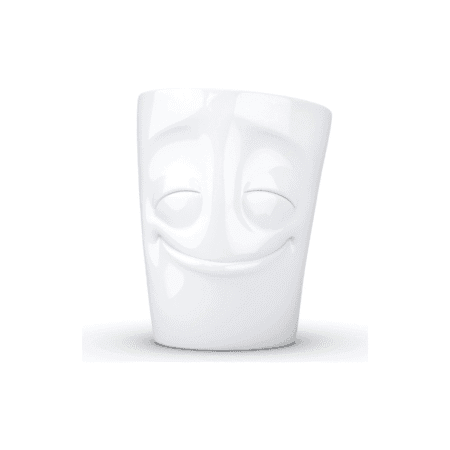 Mug avec anse affichant un visage joyeux et souriant.