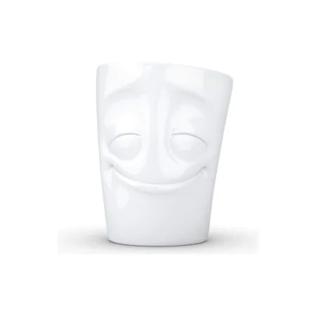 Mug avec anse affichant un visage joyeux et souriant.
