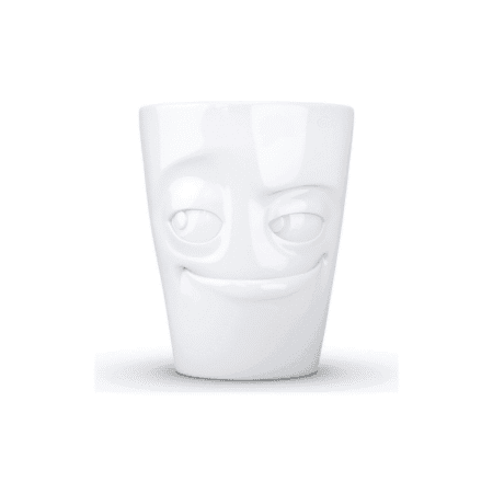 Mug avec anse affichant un visage malin et espiègle.
