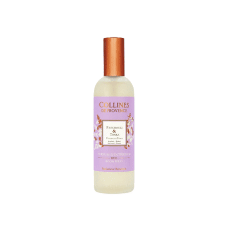 Parfum d’ambiance 100ml Patchouli et Tonka – Colline de Provence, vaporisateur d’intérieur aux notes boisées et chaleureuses pour une ambiance élégante et cosy.