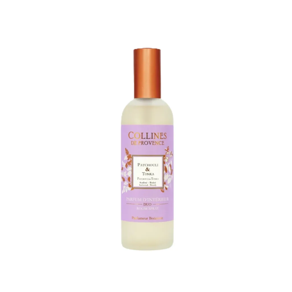 Parfum d’ambiance 100ml Patchouli et Tonka – Colline de Provence, vaporisateur d’intérieur aux notes boisées et chaleureuses pour une ambiance élégante et cosy.