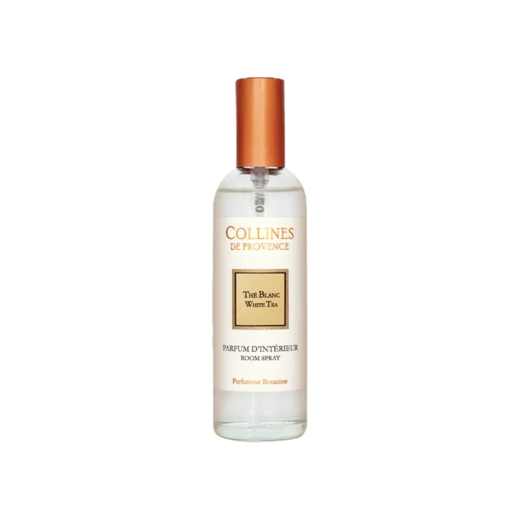 Flacon de parfum d’ambiance Thé Blanc 100ml – Colline de Provence, une senteur aérienne, fraîche et subtilement florale pour une atmosphère douce, pure et raffinée.