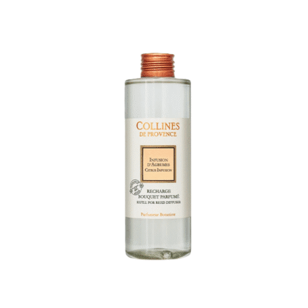 Recharge diffuseur de parfum 200ml Infusion d’Agrumes – Colline de Provence, parfum frais et vivifiant, pour une ambiance rafraîchissante et fruitée.