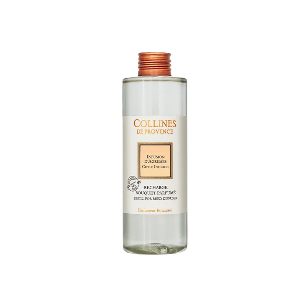 Recharge diffuseur de parfum 200ml Infusion d’Agrumes – Colline de Provence, parfum frais et vivifiant, pour une ambiance rafraîchissante et fruitée.