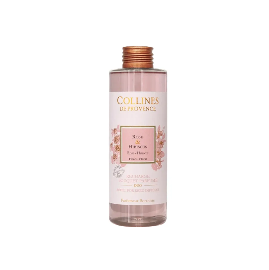 Recharge de parfum d’ambiance Rose & Hibiscus 200ml – Colline de Provence, fragrance florale et exotique pour réenchanter votre intérieur avec douceur et fraîcheur.