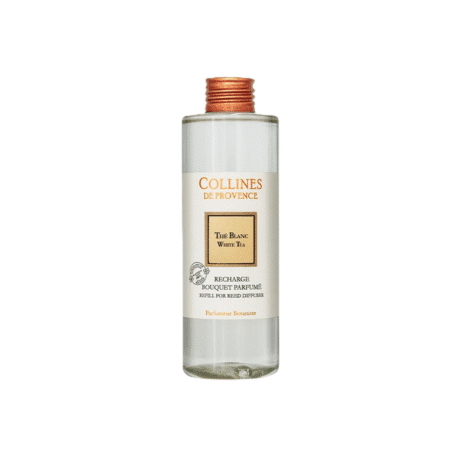 Recharge de parfum d’ambiance Thé Blanc 200ml – Colline de Provence. Flacon élégant pour raviver votre diffuseur et parfumer votre intérieur d'une senteur fraîche et apaisante.