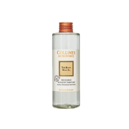 Recharge de parfum d’ambiance Thé Blanc 200ml – Colline de Provence. Flacon élégant pour raviver votre diffuseur et parfumer votre intérieur d'une senteur fraîche et apaisante.