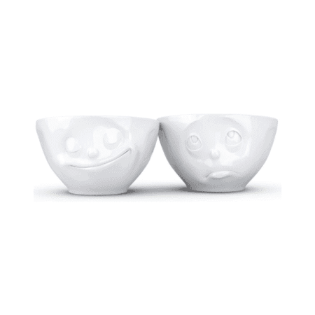 Set de deux bols avec visages : un heureux, un suppliant.