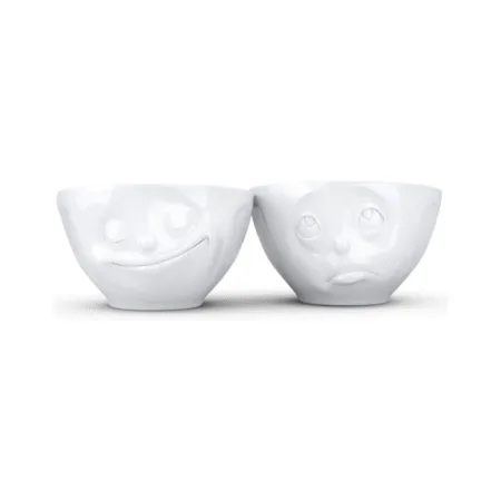 Set de deux bols avec visages : un heureux, un suppliant.