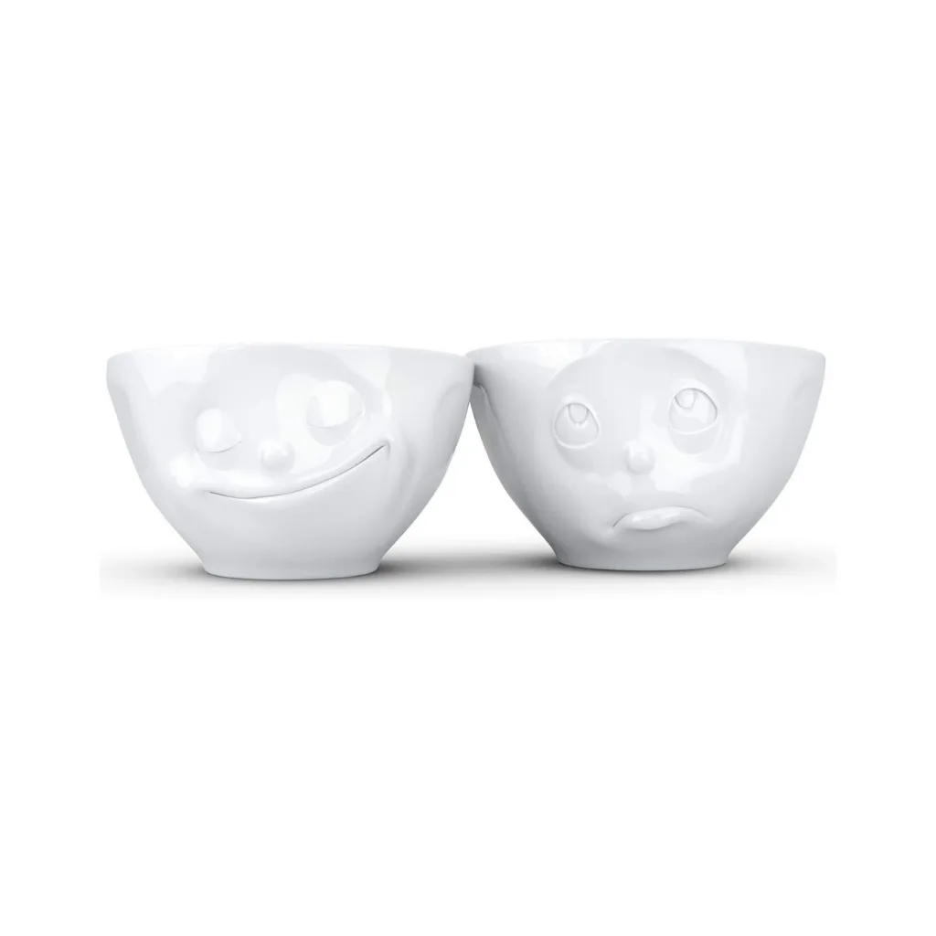 Set de deux bols avec visages : un heureux, un suppliant.