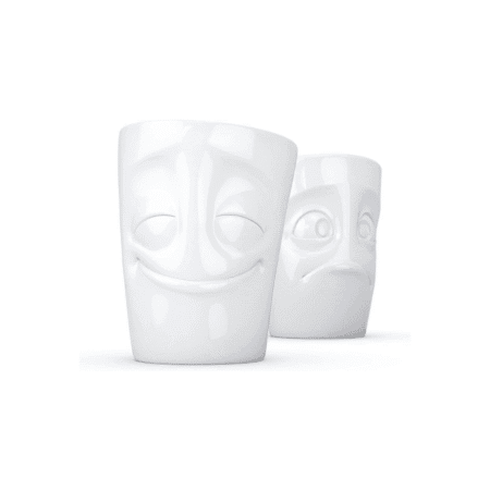 Set de deux mugs sans anse avec expressions expressives : joie contagieuse et regard suppliant.