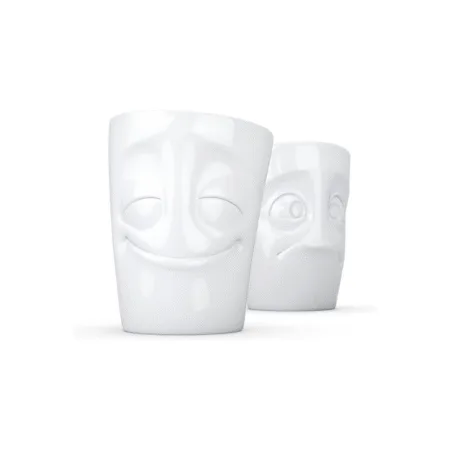 Set de deux mugs sans anse avec expressions expressives : joie contagieuse et regard suppliant.