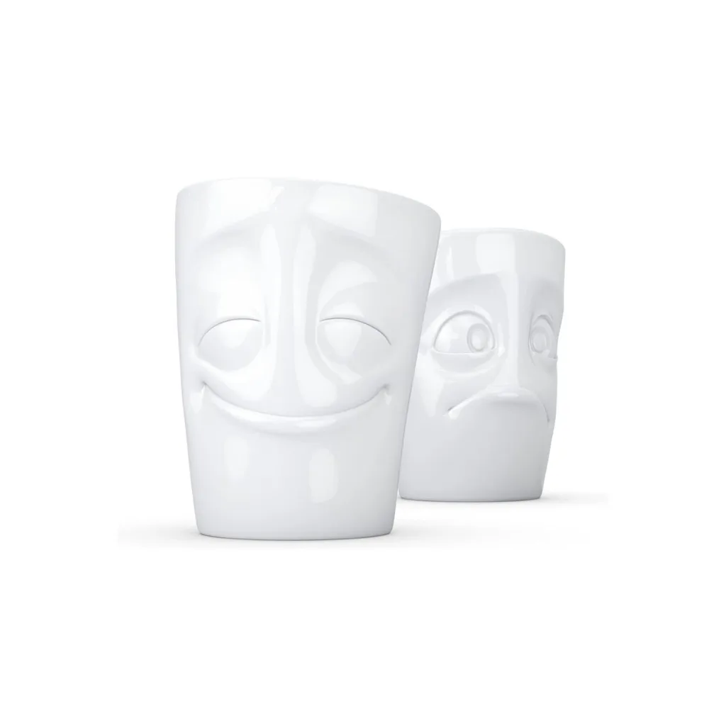 Set de deux mugs sans anse avec expressions expressives : joie contagieuse et regard suppliant.