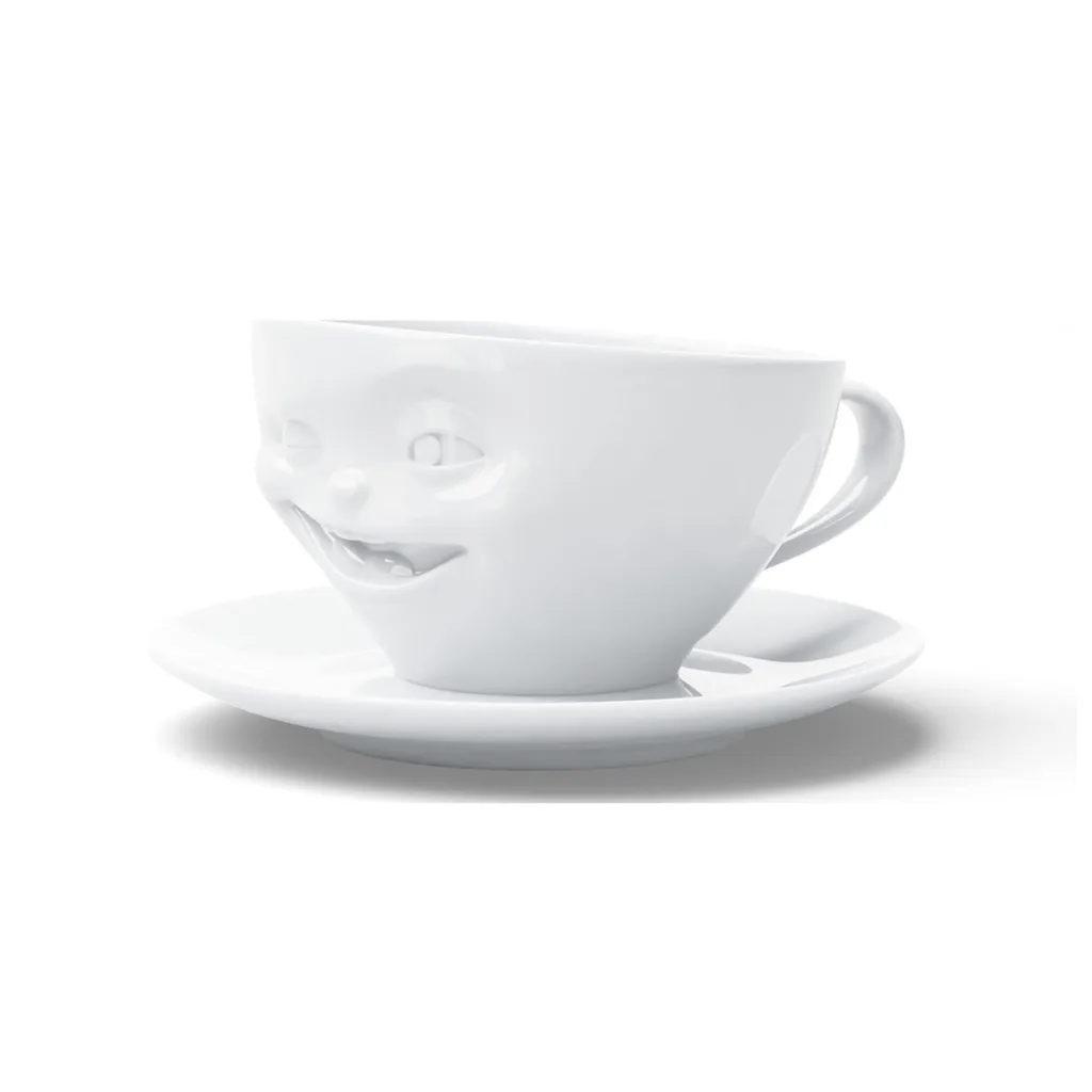 Tasse à thé expressive avec clin d'œil, vue de trois-quarts