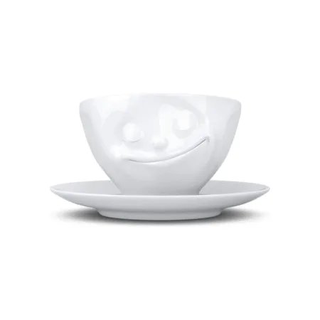 Tasse à thé avec visage souriant, expression joyeuse, vue de face